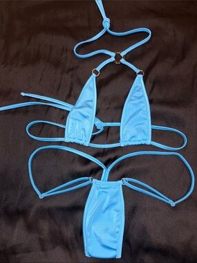 LOVERS LANE O/S blue micro bikini set sexy thong tiny unlined cups swimsuit pool